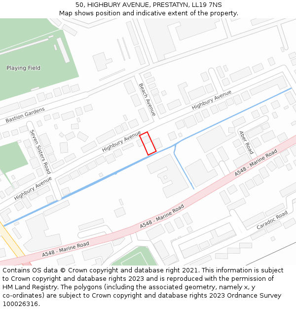 50, HIGHBURY AVENUE, PRESTATYN, LL19 7NS: Location map and indicative extent of plot