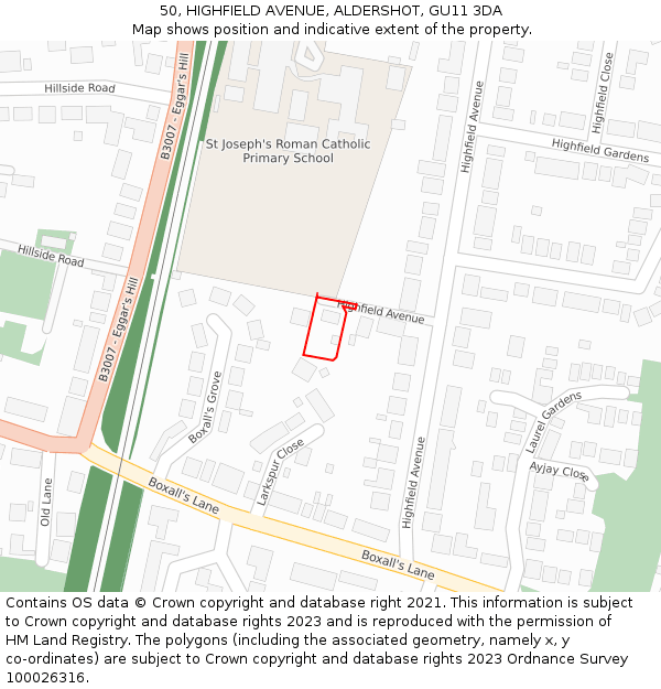 50, HIGHFIELD AVENUE, ALDERSHOT, GU11 3DA: Location map and indicative extent of plot