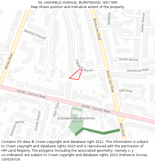 50, HIGHFIELD AVENUE, BURNTWOOD, WS7 9AP: Location map and indicative extent of plot