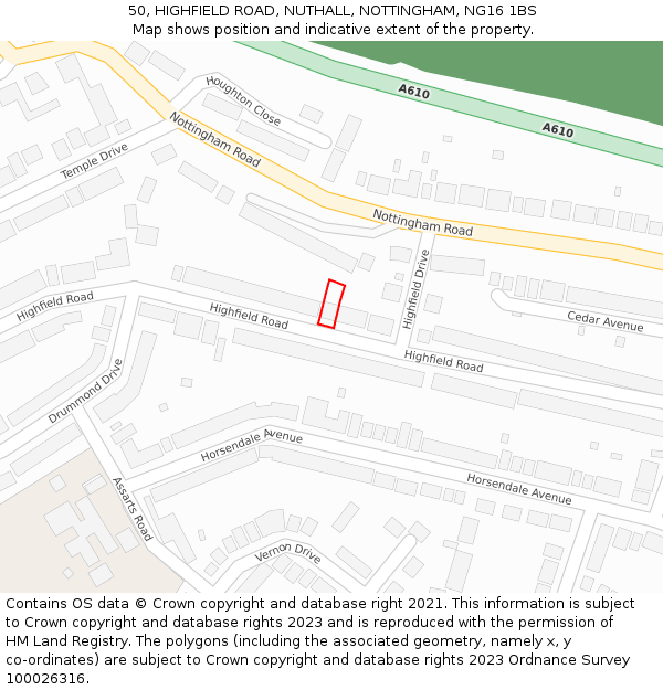 50, HIGHFIELD ROAD, NUTHALL, NOTTINGHAM, NG16 1BS: Location map and indicative extent of plot