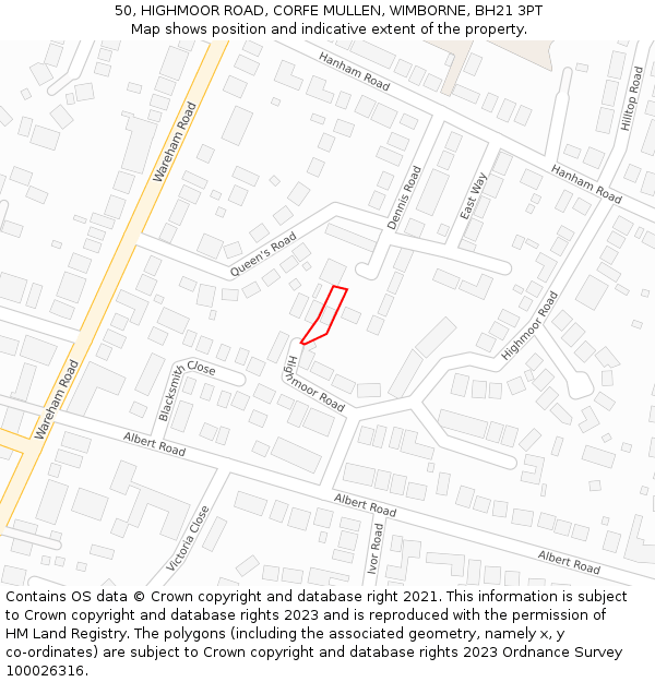 50, HIGHMOOR ROAD, CORFE MULLEN, WIMBORNE, BH21 3PT: Location map and indicative extent of plot