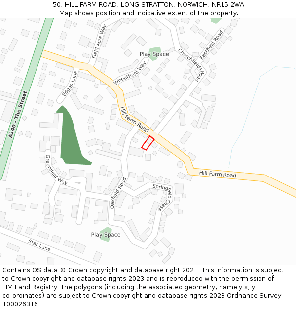 50, HILL FARM ROAD, LONG STRATTON, NORWICH, NR15 2WA: Location map and indicative extent of plot