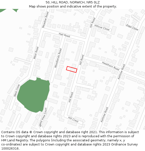 50, HILL ROAD, NORWICH, NR5 0LZ: Location map and indicative extent of plot