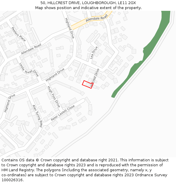 50, HILLCREST DRIVE, LOUGHBOROUGH, LE11 2GX: Location map and indicative extent of plot