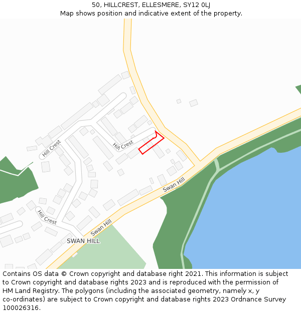 50, HILLCREST, ELLESMERE, SY12 0LJ: Location map and indicative extent of plot