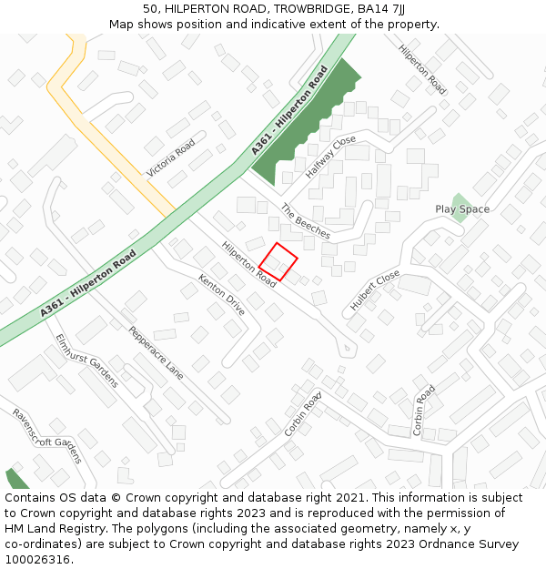 50, HILPERTON ROAD, TROWBRIDGE, BA14 7JJ: Location map and indicative extent of plot