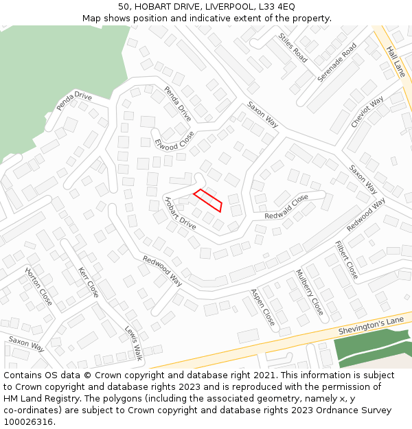 50, HOBART DRIVE, LIVERPOOL, L33 4EQ: Location map and indicative extent of plot