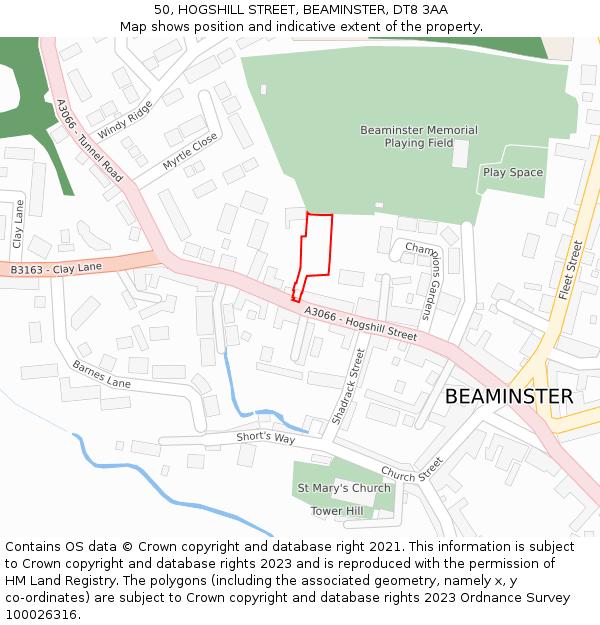 50, HOGSHILL STREET, BEAMINSTER, DT8 3AA: Location map and indicative extent of plot