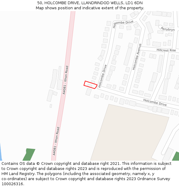 50, HOLCOMBE DRIVE, LLANDRINDOD WELLS, LD1 6DN: Location map and indicative extent of plot