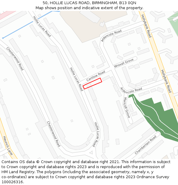 50, HOLLIE LUCAS ROAD, BIRMINGHAM, B13 0QN: Location map and indicative extent of plot