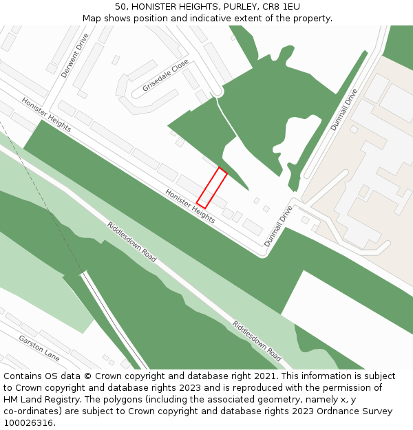 50, HONISTER HEIGHTS, PURLEY, CR8 1EU: Location map and indicative extent of plot