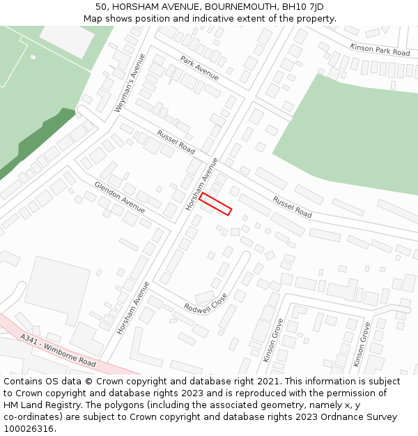 50, HORSHAM AVENUE, BOURNEMOUTH, BH10 7JD: Location map and indicative extent of plot