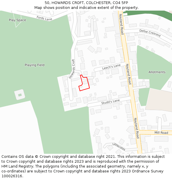 50, HOWARDS CROFT, COLCHESTER, CO4 5FP: Location map and indicative extent of plot