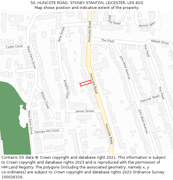 50, HUNCOTE ROAD, STONEY STANTON, LEICESTER, LE9 4DG: Location map and indicative extent of plot