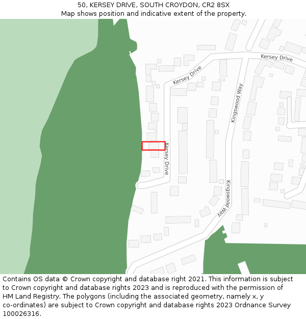 50, KERSEY DRIVE, SOUTH CROYDON, CR2 8SX: Location map and indicative extent of plot