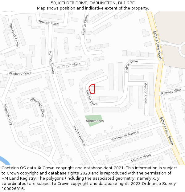 50, KIELDER DRIVE, DARLINGTON, DL1 2BE: Location map and indicative extent of plot