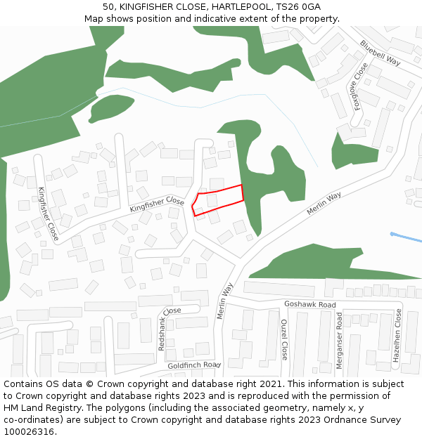 50, KINGFISHER CLOSE, HARTLEPOOL, TS26 0GA: Location map and indicative extent of plot