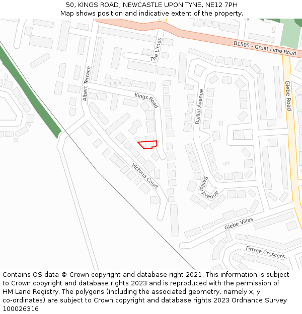 50, KINGS ROAD, NEWCASTLE UPON TYNE, NE12 7PH: Location map and indicative extent of plot