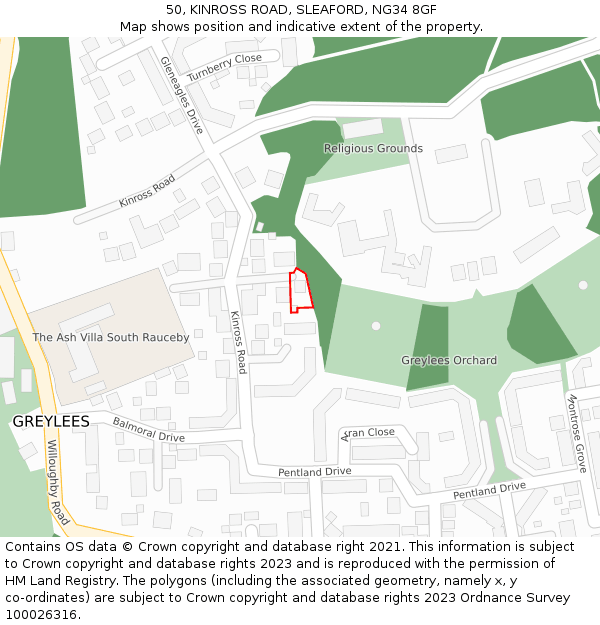 50, KINROSS ROAD, SLEAFORD, NG34 8GF: Location map and indicative extent of plot