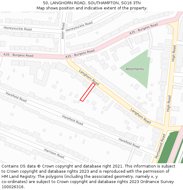 50, LANGHORN ROAD, SOUTHAMPTON, SO16 3TN: Location map and indicative extent of plot