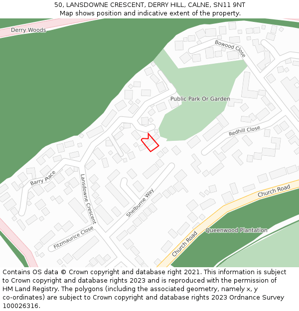 50, LANSDOWNE CRESCENT, DERRY HILL, CALNE, SN11 9NT: Location map and indicative extent of plot