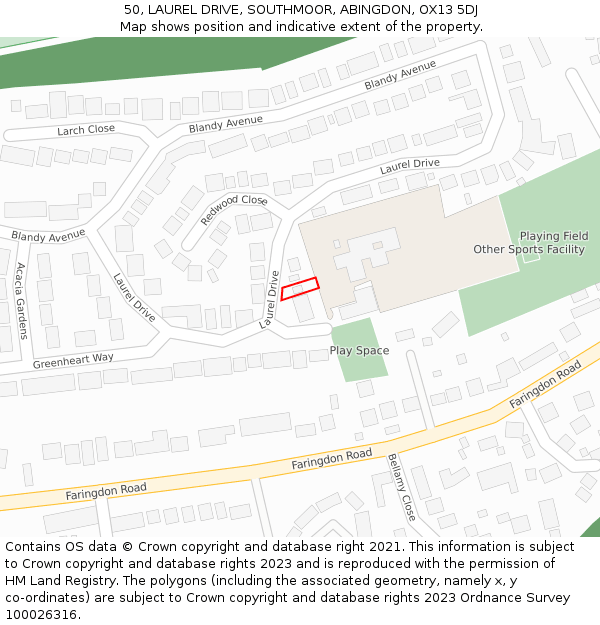 50, LAUREL DRIVE, SOUTHMOOR, ABINGDON, OX13 5DJ: Location map and indicative extent of plot