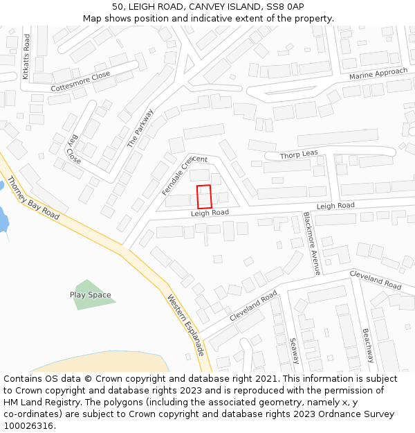 50, LEIGH ROAD, CANVEY ISLAND, SS8 0AP: Location map and indicative extent of plot