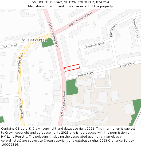 50, LICHFIELD ROAD, SUTTON COLDFIELD, B74 2NA: Location map and indicative extent of plot