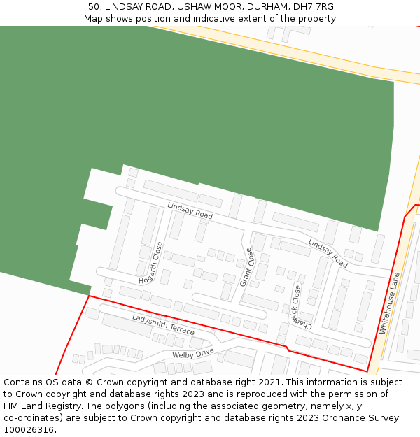 50, LINDSAY ROAD, USHAW MOOR, DURHAM, DH7 7RG: Location map and indicative extent of plot