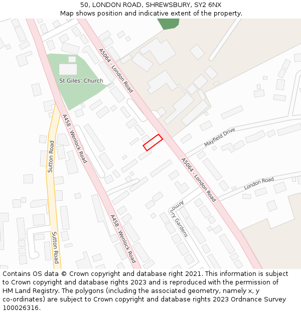 50, LONDON ROAD, SHREWSBURY, SY2 6NX: Location map and indicative extent of plot