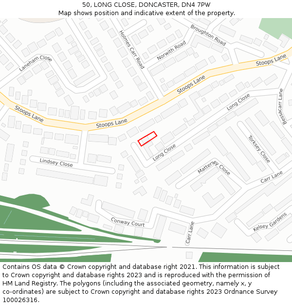 50, LONG CLOSE, DONCASTER, DN4 7PW: Location map and indicative extent of plot