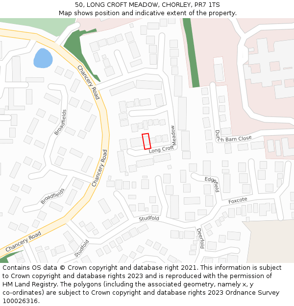 50, LONG CROFT MEADOW, CHORLEY, PR7 1TS: Location map and indicative extent of plot