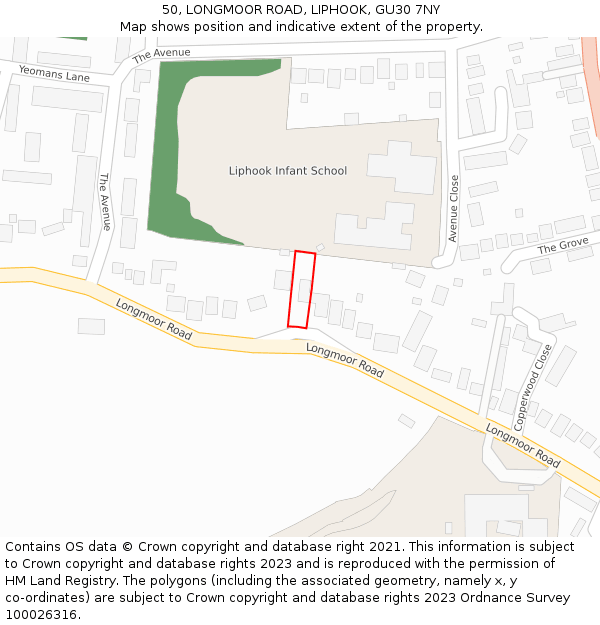 50, LONGMOOR ROAD, LIPHOOK, GU30 7NY: Location map and indicative extent of plot