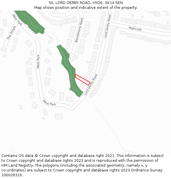 50, LORD DERBY ROAD, HYDE, SK14 5EN: Location map and indicative extent of plot