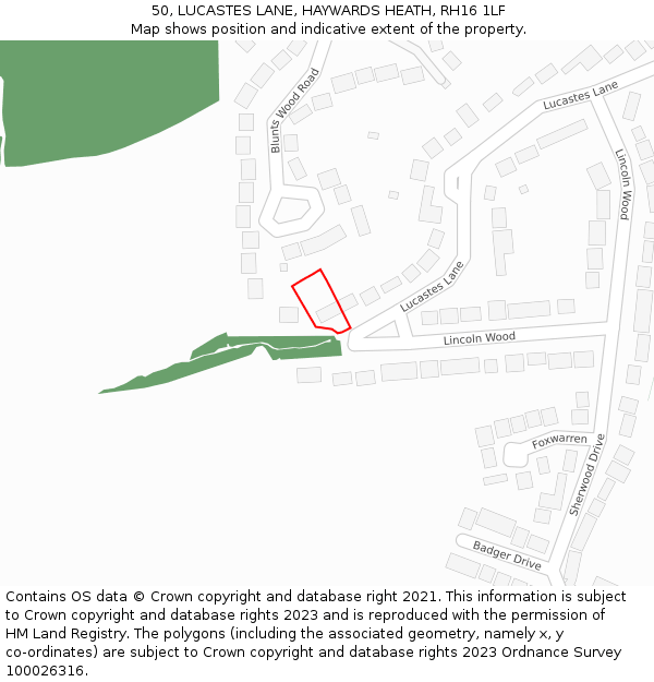 50, LUCASTES LANE, HAYWARDS HEATH, RH16 1LF: Location map and indicative extent of plot