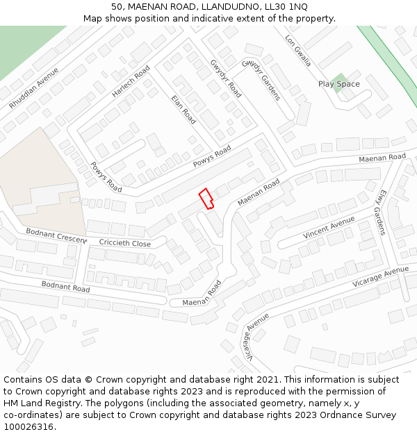 50, MAENAN ROAD, LLANDUDNO, LL30 1NQ: Location map and indicative extent of plot