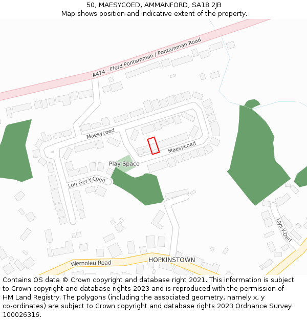 50, MAESYCOED, AMMANFORD, SA18 2JB: Location map and indicative extent of plot