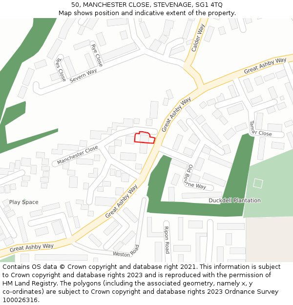 50, MANCHESTER CLOSE, STEVENAGE, SG1 4TQ: Location map and indicative extent of plot