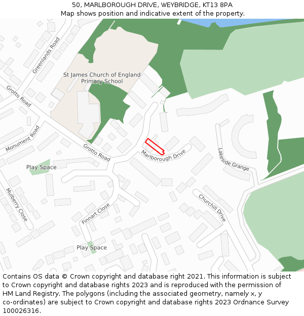 50, MARLBOROUGH DRIVE, WEYBRIDGE, KT13 8PA: Location map and indicative extent of plot