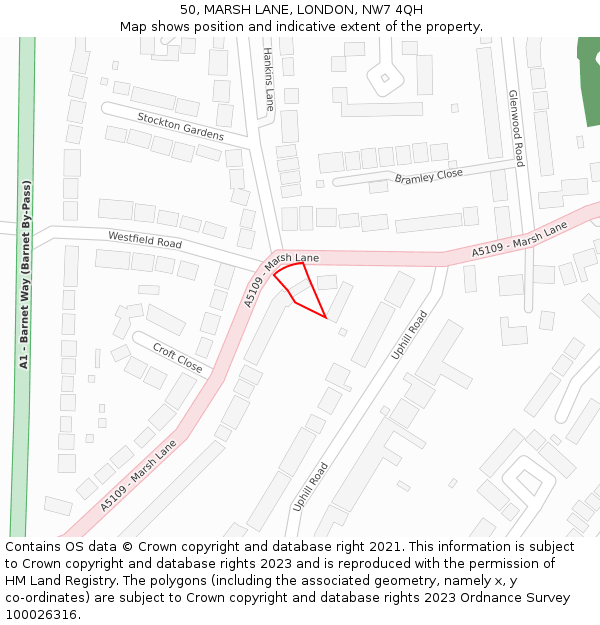 50, MARSH LANE, LONDON, NW7 4QH: Location map and indicative extent of plot