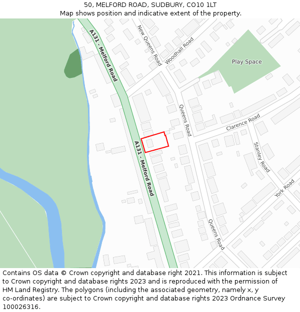 50, MELFORD ROAD, SUDBURY, CO10 1LT: Location map and indicative extent of plot