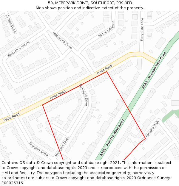 50, MEREPARK DRIVE, SOUTHPORT, PR9 9FB: Location map and indicative extent of plot