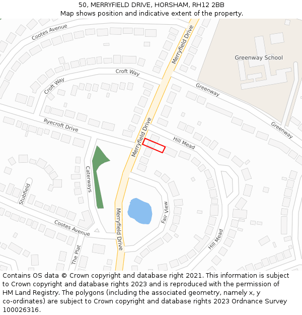 50, MERRYFIELD DRIVE, HORSHAM, RH12 2BB: Location map and indicative extent of plot