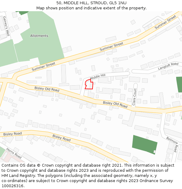 50, MIDDLE HILL, STROUD, GL5 1NU: Location map and indicative extent of plot