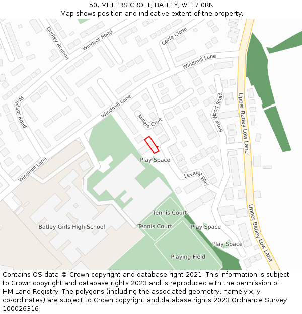 50, MILLERS CROFT, BATLEY, WF17 0RN: Location map and indicative extent of plot