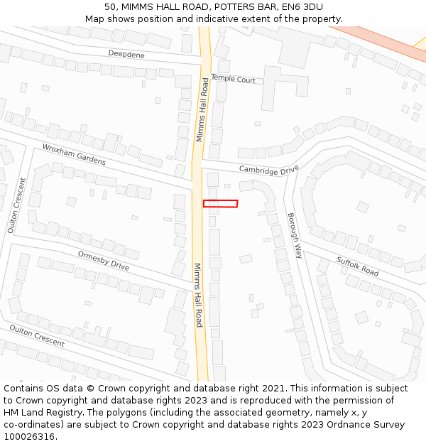 50, MIMMS HALL ROAD, POTTERS BAR, EN6 3DU: Location map and indicative extent of plot