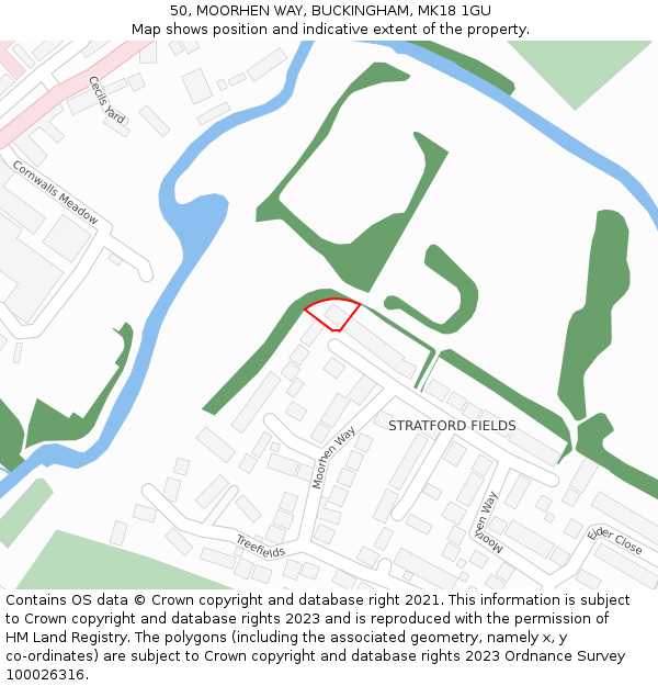50, MOORHEN WAY, BUCKINGHAM, MK18 1GU: Location map and indicative extent of plot