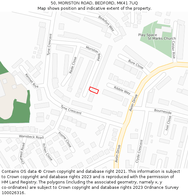 50, MORISTON ROAD, BEDFORD, MK41 7UQ: Location map and indicative extent of plot