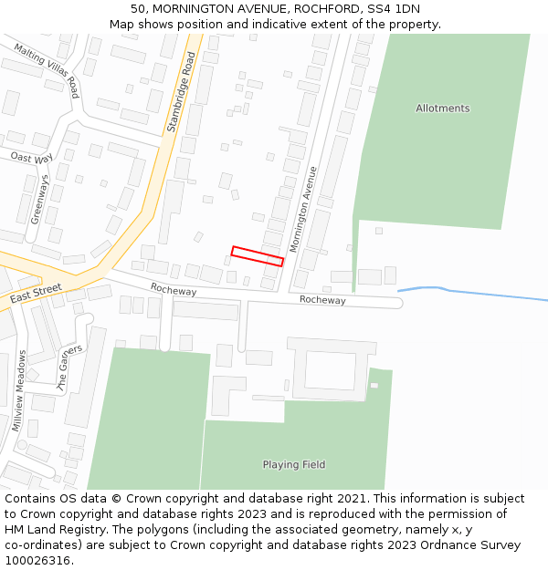 50, MORNINGTON AVENUE, ROCHFORD, SS4 1DN: Location map and indicative extent of plot