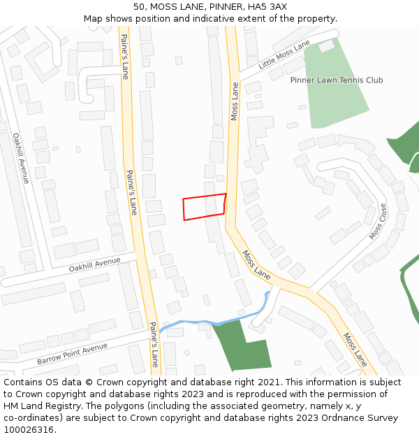 50, MOSS LANE, PINNER, HA5 3AX: Location map and indicative extent of plot